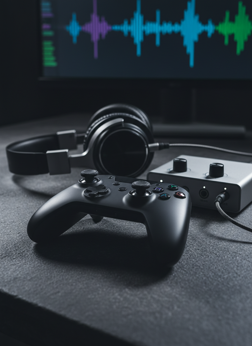 A close-up, cinematic view of a modern game controller and high-quality studio headphones resting on a dark, textured desktop, with a computer monitor in the background softly out of focus, showing abstract waveforms and level meters. The controller’s matte finish and subtly worn thumbsticks contrast with the glossy elements of the headphones and brushed metal of a compact audio interface. Cool, directional key lighting from the side creates delicate highlights on curves and buttons, casting clean shadows that emphasize form. Photographic realism, low-angle shot with shallow depth of field, conveying precision, immersion, and the intersection of gaming and professional sound design.