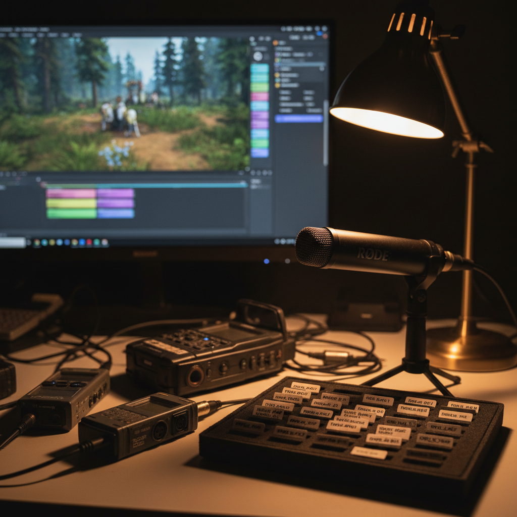A dark, atmospheric scene of a game environment sound design session, featuring a desktop with multiple field recorders, a shotgun microphone on a compact stand, and a collection of carefully labeled SD cards arranged on a black foam tray. In the background, blurred on a monitor, a forest game level editor with ambient audio tracks is visible. A focused beam of warm desk lamp light illuminates the metallic mesh of the microphone and the subtle wear on the recorders, fading into deeper shadows at the edges of the frame. Photographic realism, tight composition and shallow depth of field, evoking meticulous craftsmanship and exploration of environmental soundscapes.