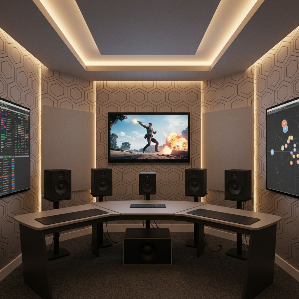 A professional surround sound setup designed for cinematic game audio mixing, with five identical matte-black studio monitors and a low-profile subwoofer carefully positioned around a clean, acoustically treated room. The central monitor displays a frozen action-packed game scene, while two side screens show detailed routing matrices and a 3D sound field visualizer. Acoustic panels with subtle geometric patterns adorn the walls in neutral tones. Warm, indirect LED strip lighting runs along the ceiling edges, producing a balanced, inviting glow without harsh shadows. Photographic realism, wide-angle lens capturing the full space, conveying an advanced, immersive environment for spatial and technical sound design.