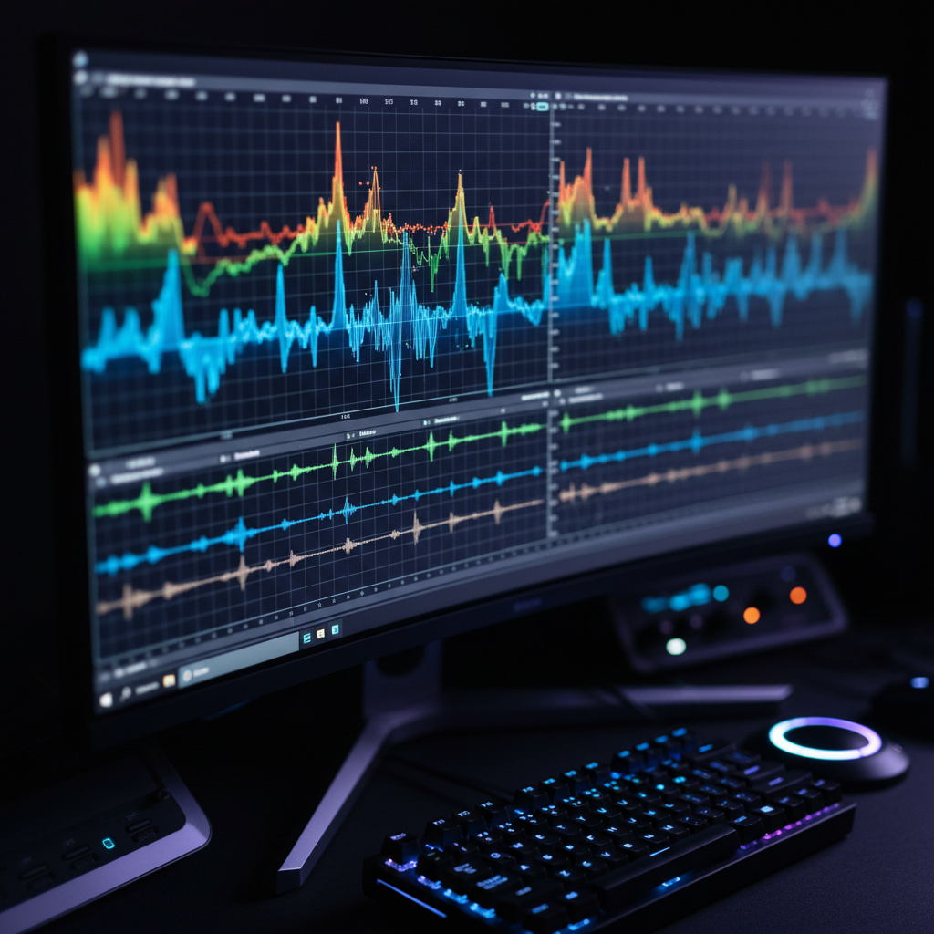 A dramatic, close-up macro shot of colorful audio waveforms and spectral analysis displayed across a curved, high-resolution monitor in a darkened room. Tiny details such as gridlines, numerical markers, and subtle motion blur of scrolling data emphasize precision editing. The edge of a sleek, backlit mechanical keyboard and a jog wheel controller appear at the bottom of the frame, slightly out of focus. The primary light source is the monitor itself, casting a cool, futuristic glow onto the desk’s matte surface and the beveled edges of nearby gear. Photographic realism, high-contrast, with a sense of intense concentration and cutting-edge sound design work.