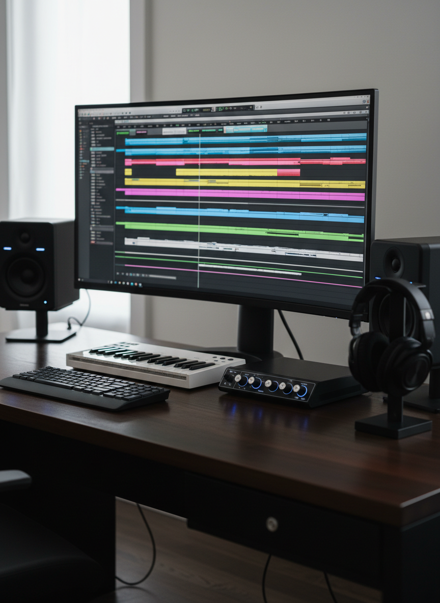 A sleek, high-end studio workstation dedicated to game audio, featuring a large ultra-wide monitor displaying a colorful digital audio workstation timeline filled with music tracks and sound effects. Surrounding the matte-black keyboard and compact MIDI controller are nearfield studio monitors with subtle LED indicators glowing. The desk surface is dark wood, uncluttered except for a neatly arranged audio interface and closed-back headphones resting on a minimalist stand. Soft, diffused daylight from an unseen window washes the scene, with gentle reflections on metal knobs and faders. Photographic realism, eye-level composition with shallow depth of field, creating a professional, focused atmosphere suitable for a composer and technical sound designer’s portfolio homepage.